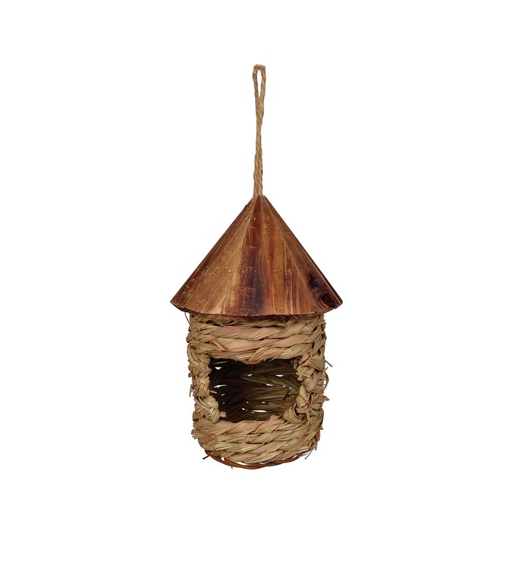 Hanging Grass Twine Roosting Pocket Birdhouse with Cedar Wood Roof