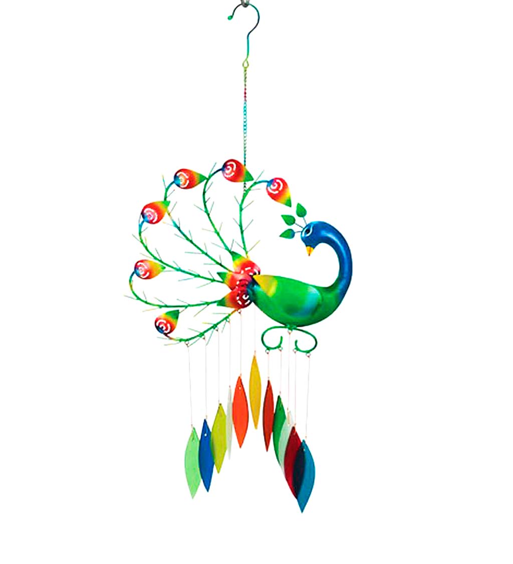 Handcrafted Metal Peacock Wind Chime with 11 Colorful Glass Feathers