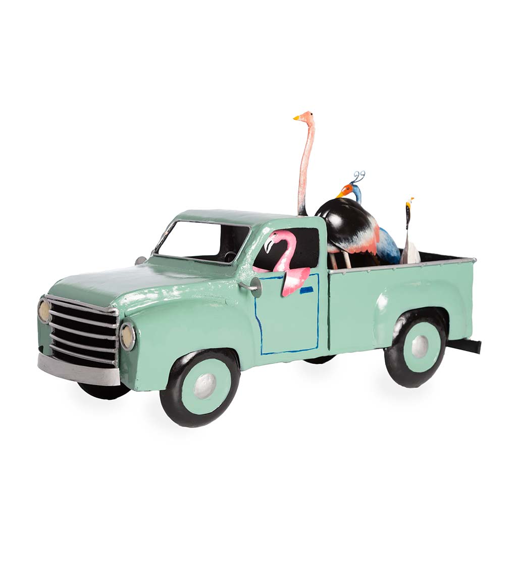 Retro Powder Blue Metal Truck with Flamingo and Birds