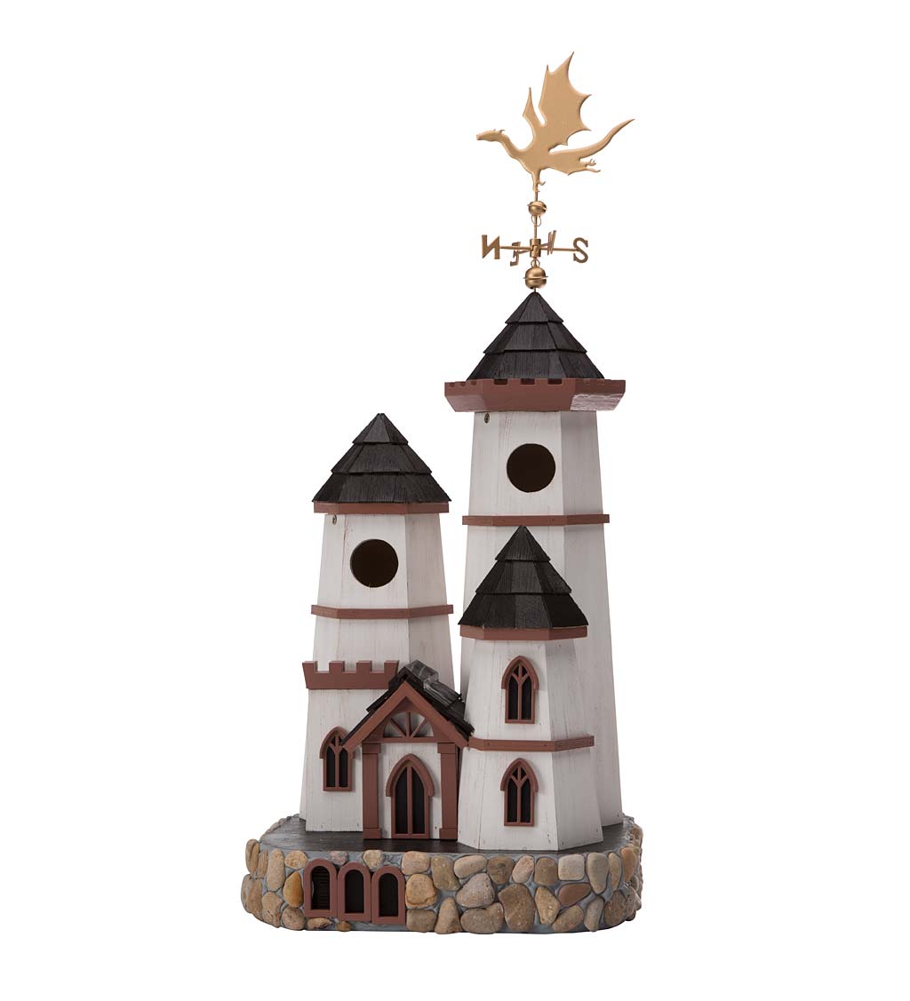 Three Tower Castle Birdhouse with Dragon Weathervane