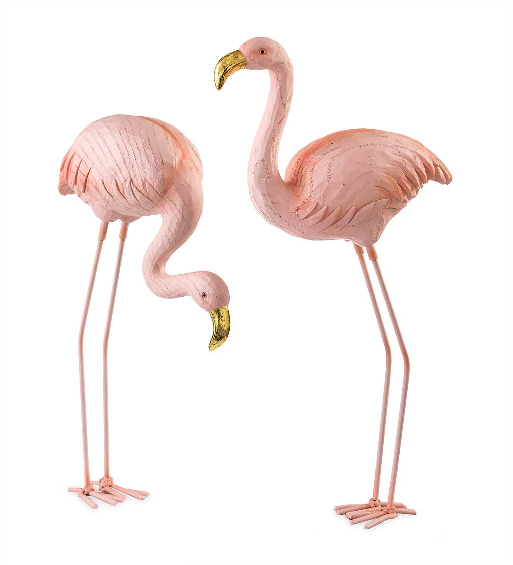 Metal and Resin Flamingo Sculptures with Golden Bills, Set of 2