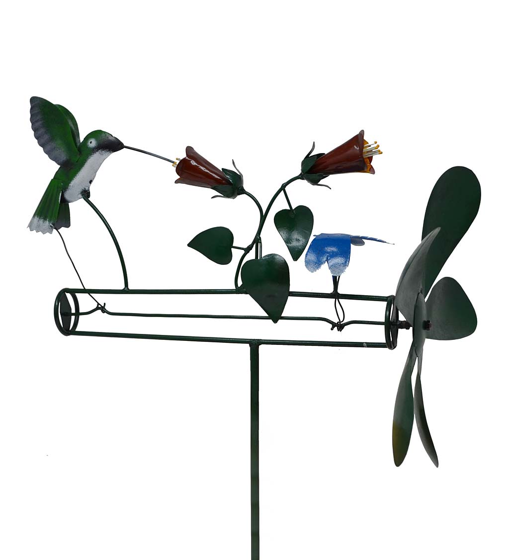 Handcrafted Hummingbird and Dragonfly with Flowers Metal Propellor Whirligig