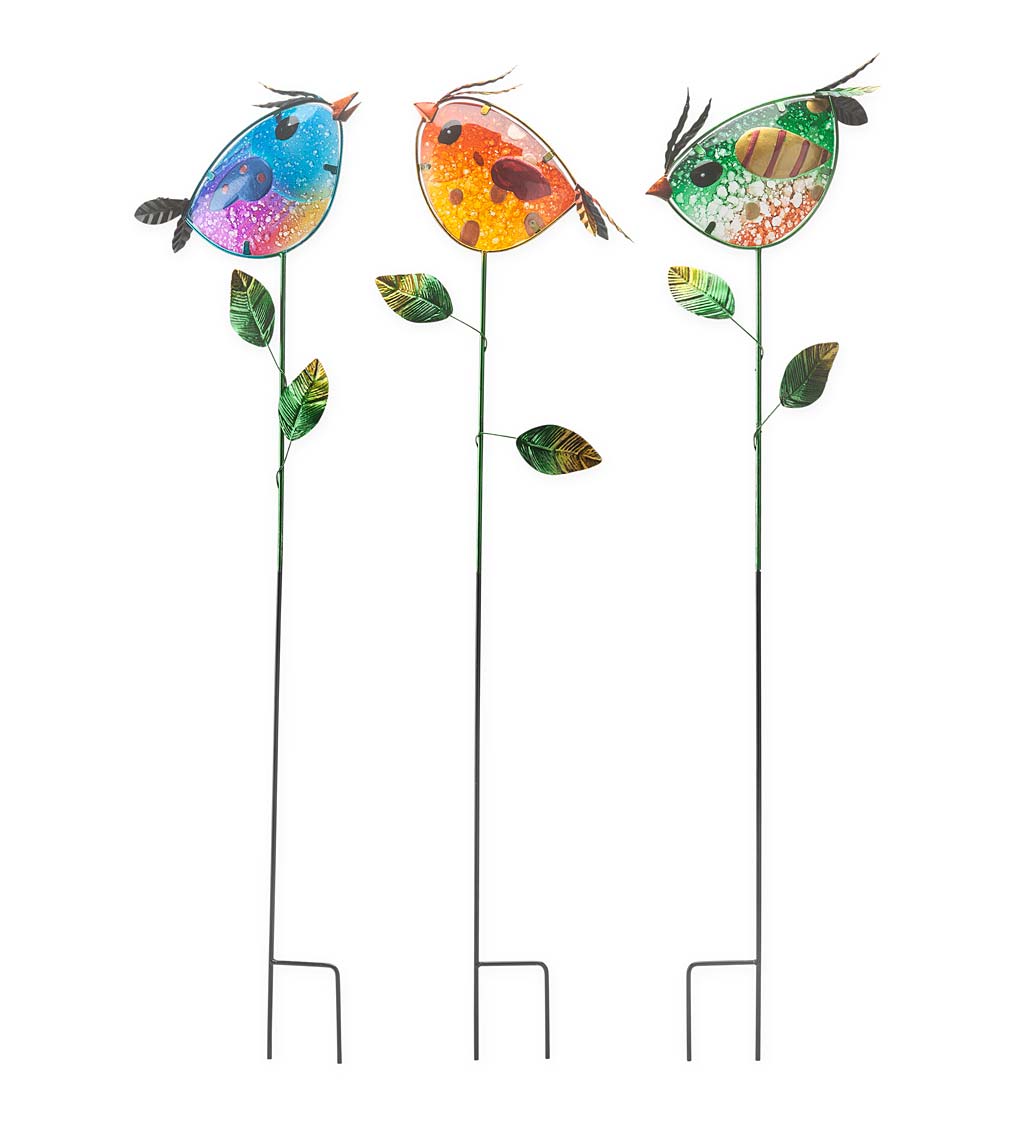 Colorful Metal and Glass Bird Garden Stakes, Set of 3