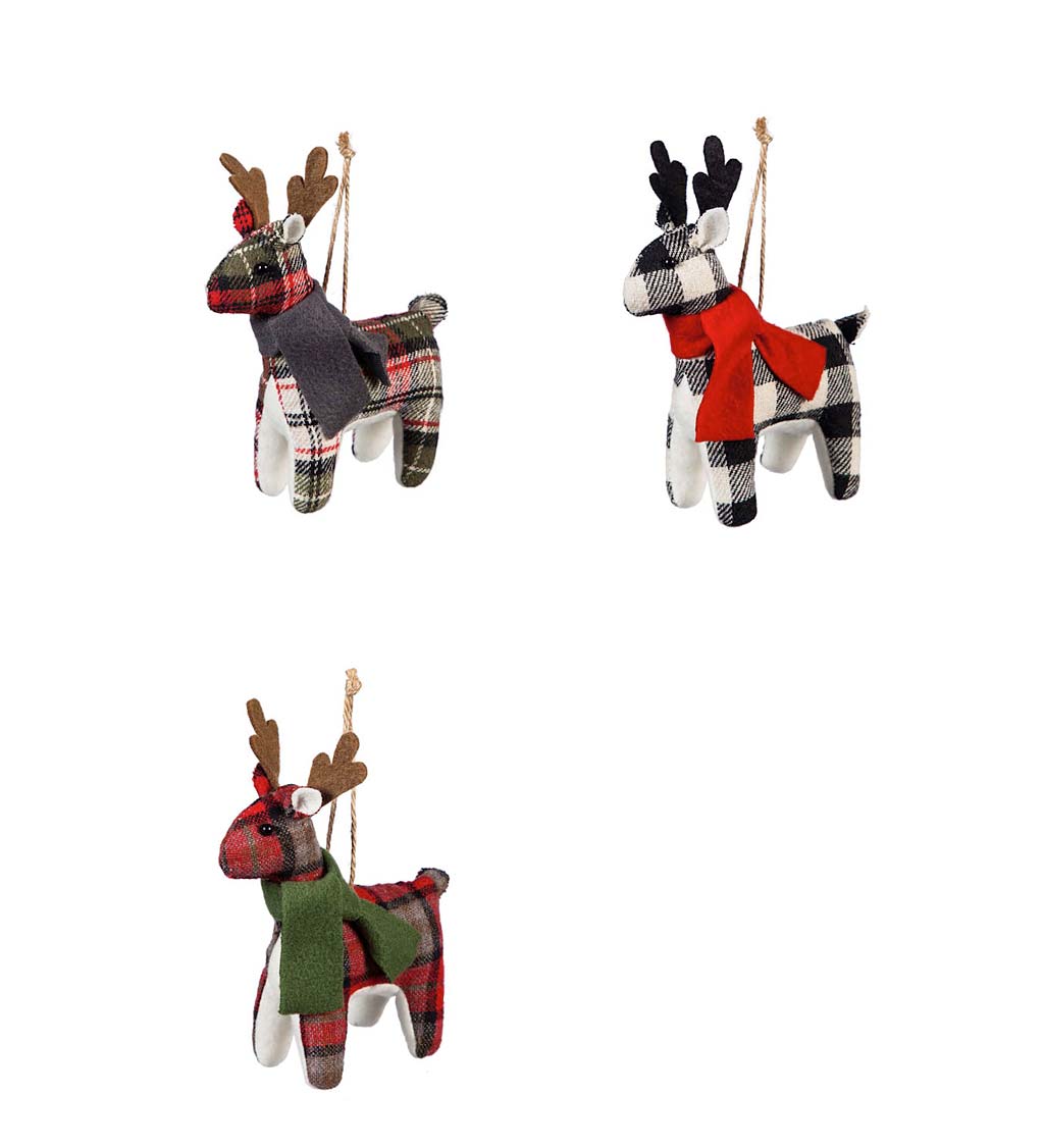 Plaid Fabric Reindeer Christmas Tree Ornaments, Set of 3