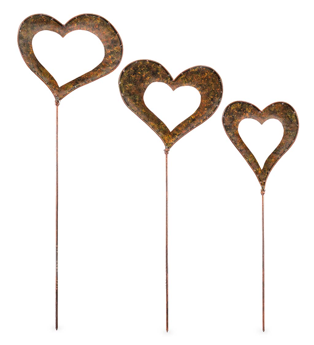 Handcrafted Metal Heart Decorative Garden Stakes, Set of 3