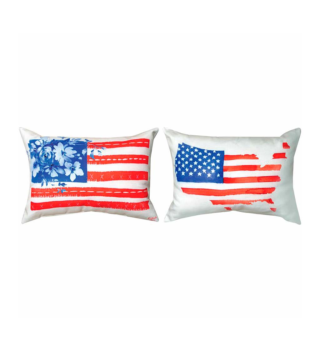 Reversible Flowers & Flag USA Throw Pillow