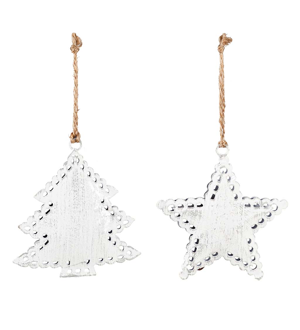 Star and Tree Stamped Metal Christmas Tree Ornaments, Set of 2