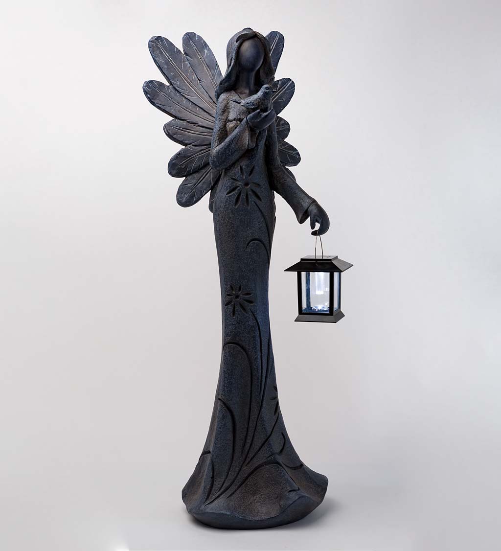 Tall Angel Holding Bird Sculpture with Solar-Powered Lantern
