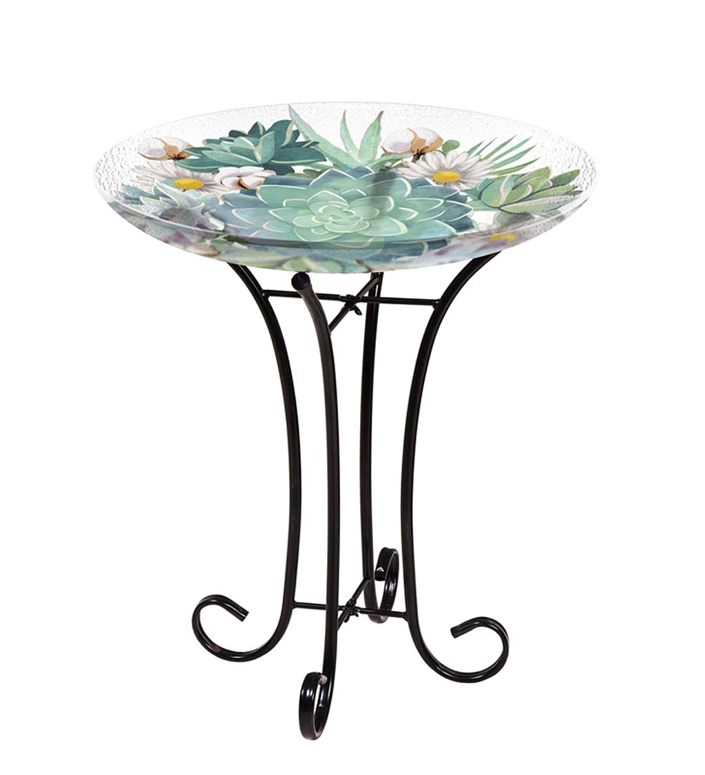 Glass Birdbath with Succulent Design and Stand