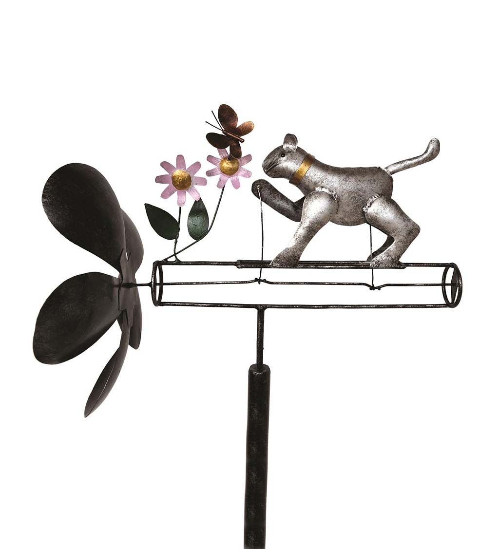 Gray Cat and Flowers Whirligig Spinner