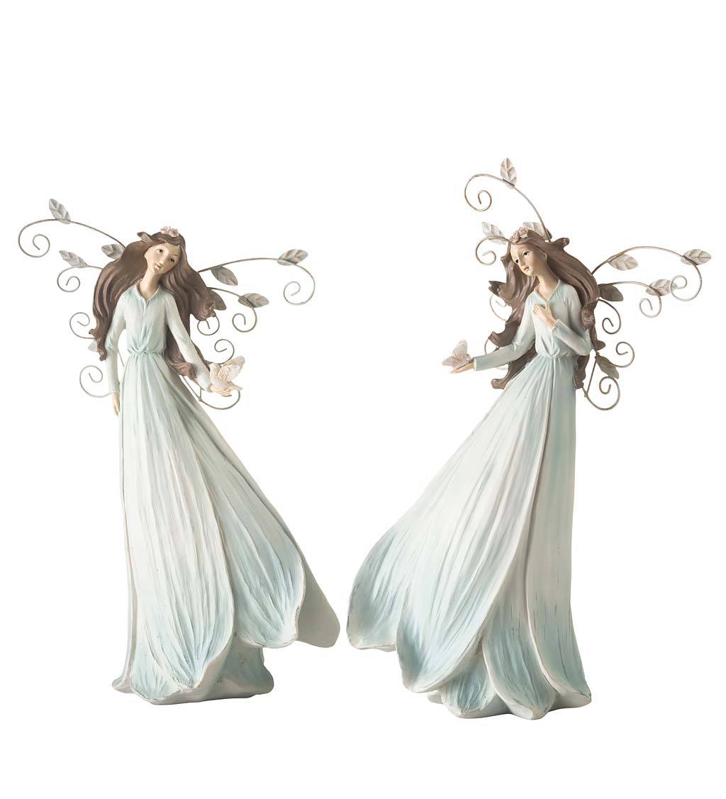 Standing Blue Flower Angels with Metal Wings, Set of 2