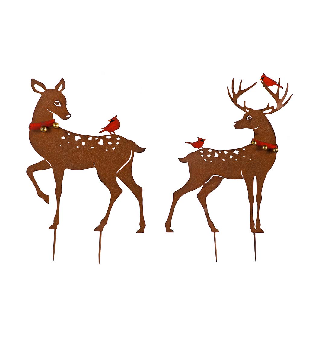 Large Deer with Cardinals Garden Stakes, Set of 2