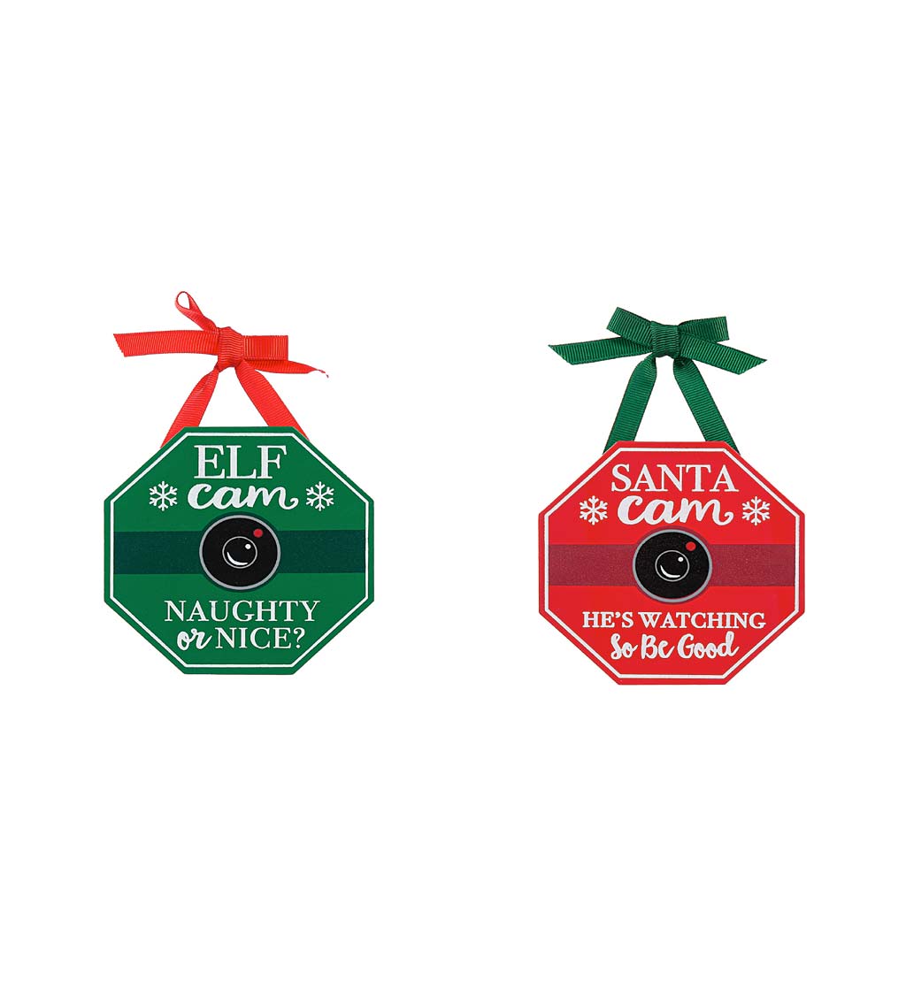 Santa and Elf Cam Wooden Christmas Tree Ornaments, Set of 2