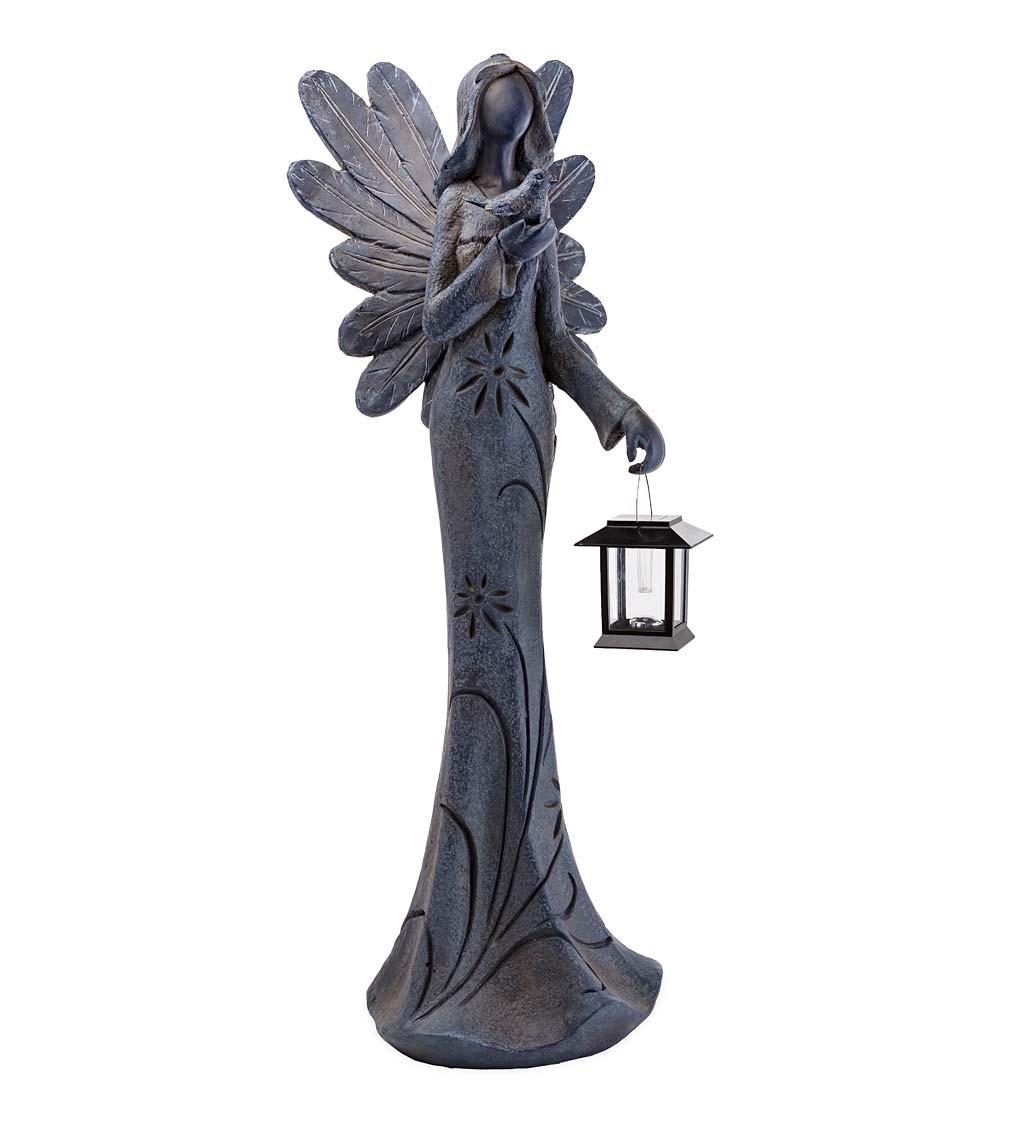 Tall Angel Holding Bird Sculpture with Solar-Powered Lantern