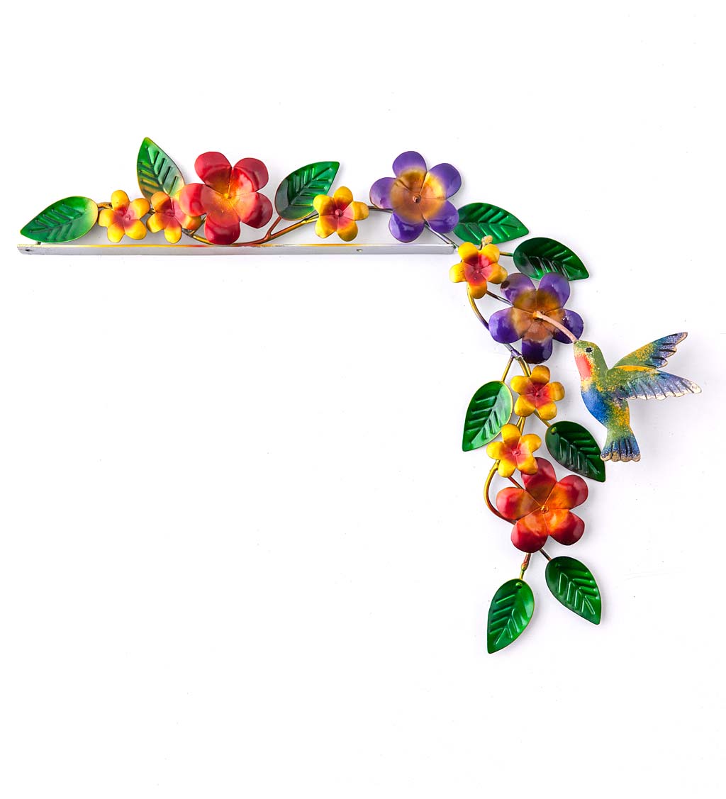 Handcrafted Colorful Metal Hummingbird and Flowers Door Crawler