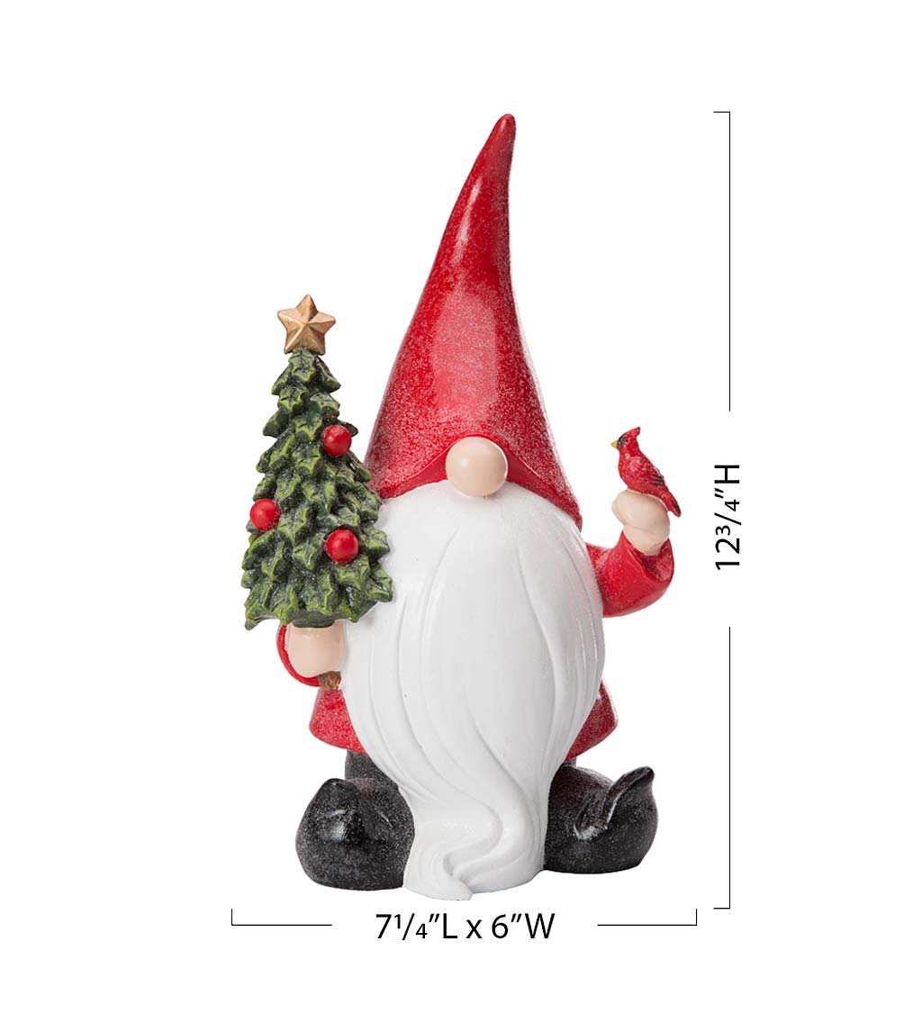 White-Bearded Gnome in Red Santa Suit with Christmas Tree and Cardinal