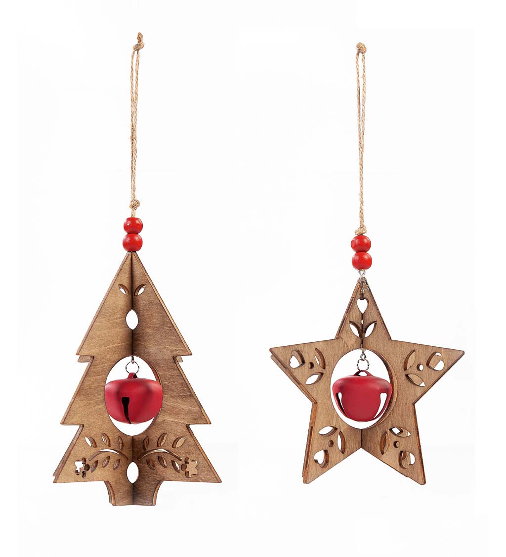 Christmas Tree and Star Wooden Ornaments with Jingle Bells, Set of 2