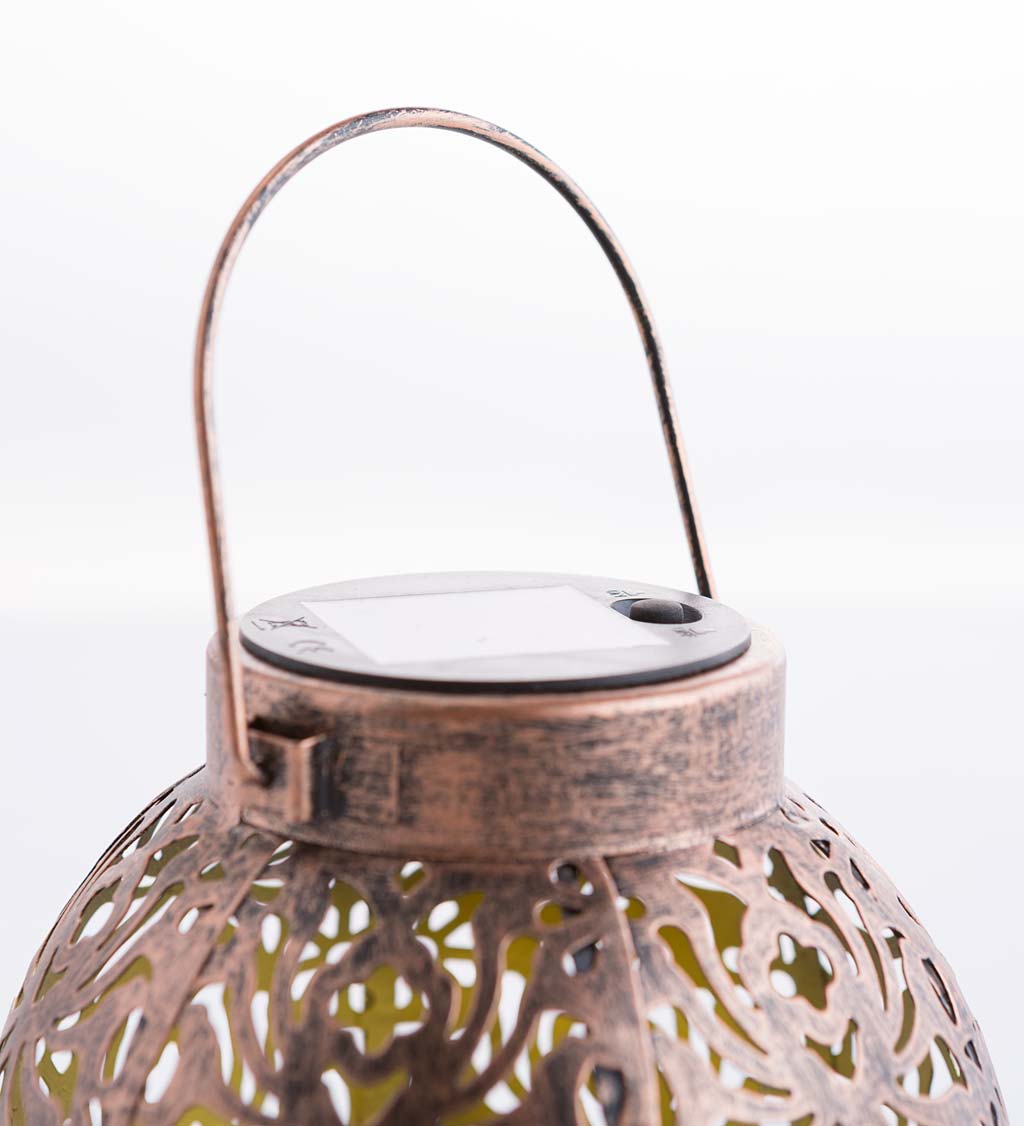 Hanging or Tabletop Bronze-Colored Metal Solar Lantern with Intricate Cut-out Shapes