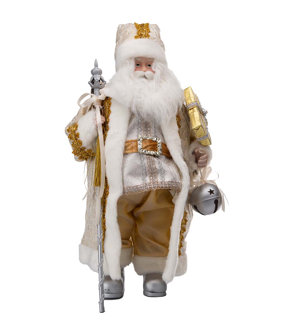 Lighted Silver and Gold Santa Claus with Staff, Gifts and an Ornament