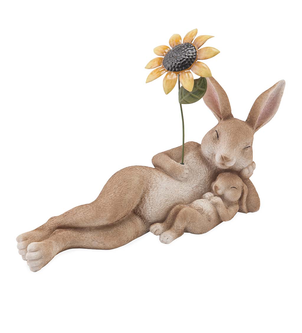 Mama and Baby Bunny Lounging with a Sunflower Sculpture