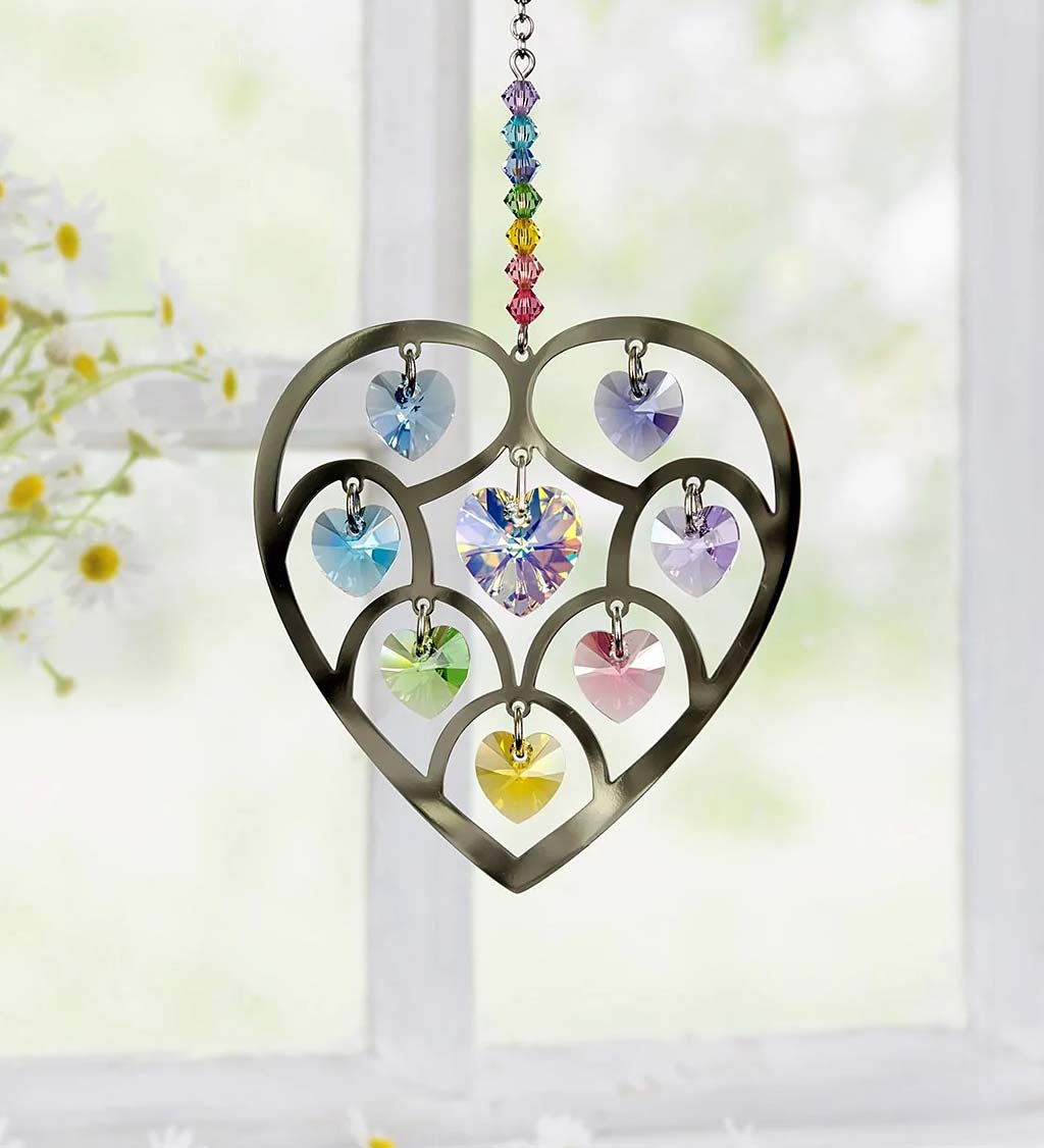 Silver-Plated Brass Heart Suncatcher with Pastel Crystals