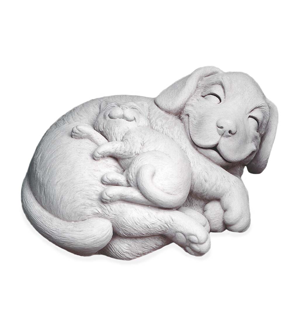 Smiling Puppy and Kitten Cast Stone Sculpture