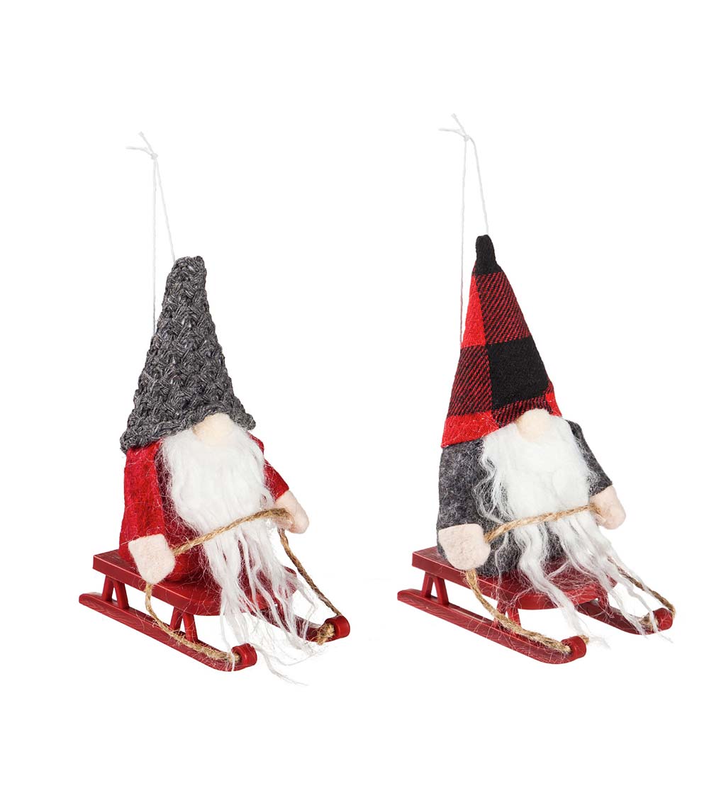 Plush Winter Gnomes on Sleds Christmas Tree Ornaments, Set of 2