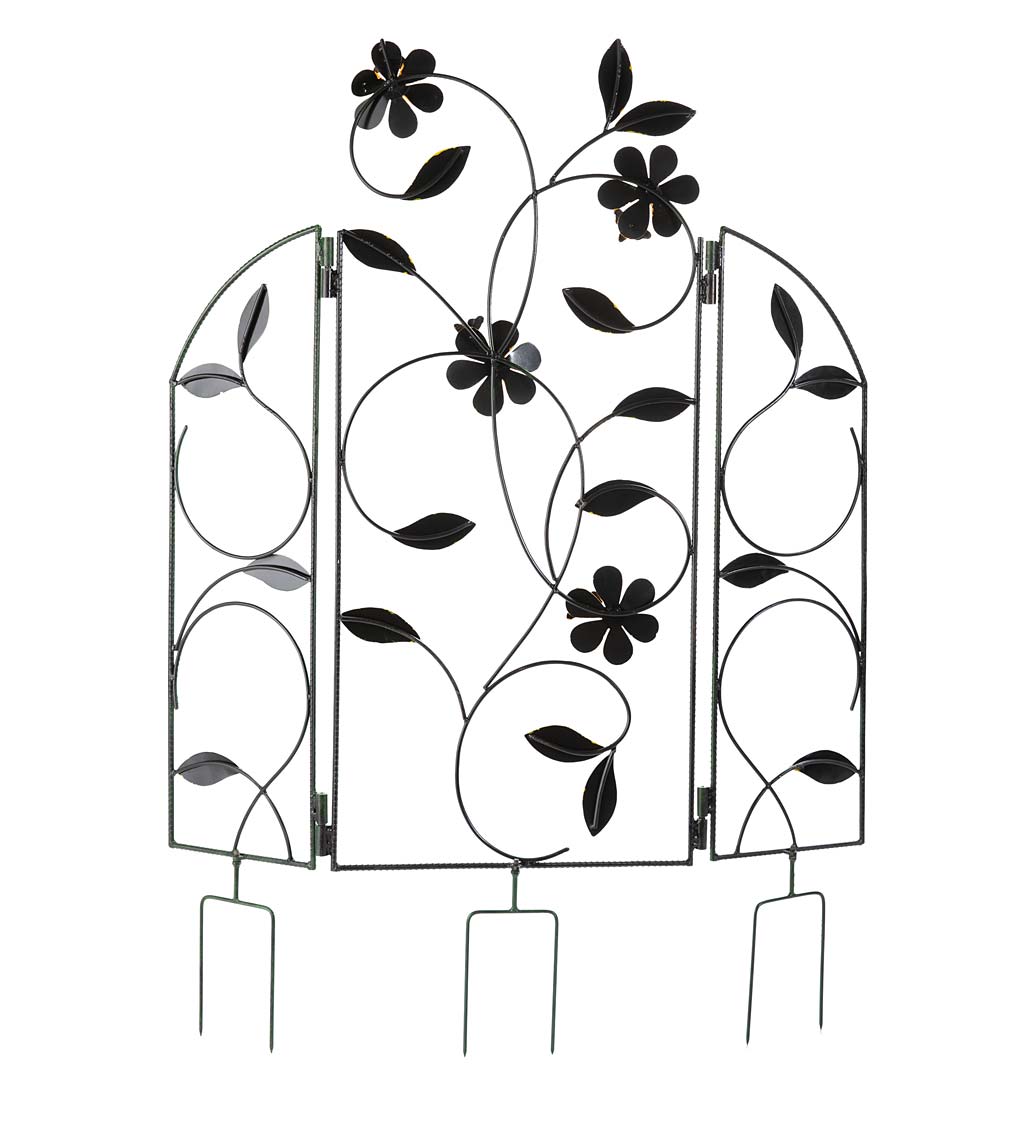 Three-Panel Folding Metal Flower and Vines Trellis