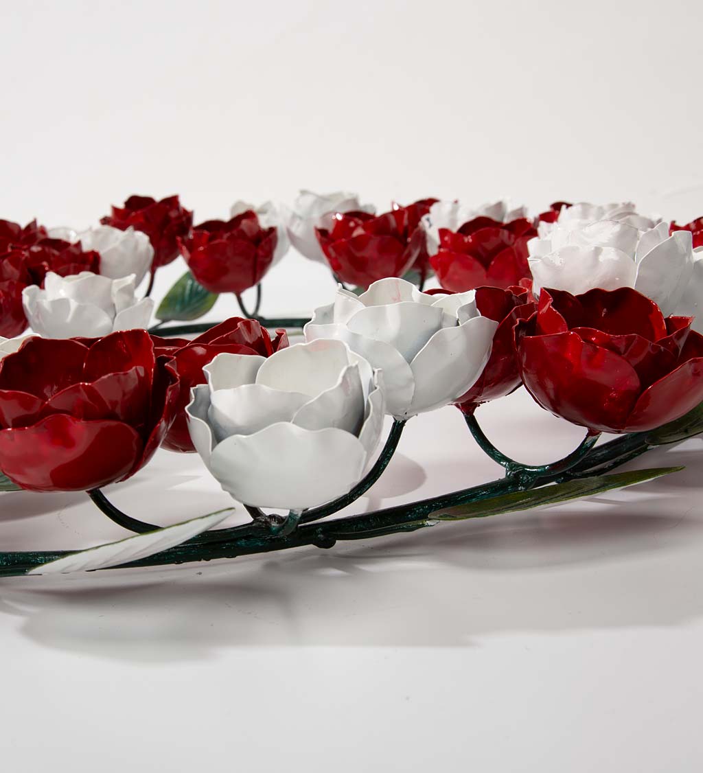 Handcrafted Metal Red and White Rose Blossom Heart Wreath