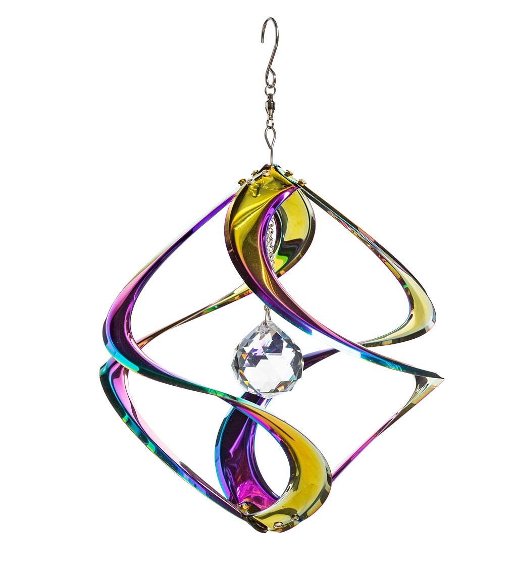 Hanging Iridescent Metal Spiral Wind Spinner with Clear Crystal Center