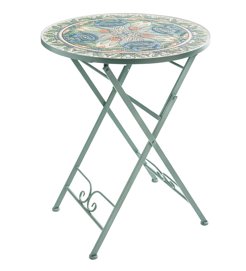 Folding Metal Teal Bistro Table with Mosaic Design Top