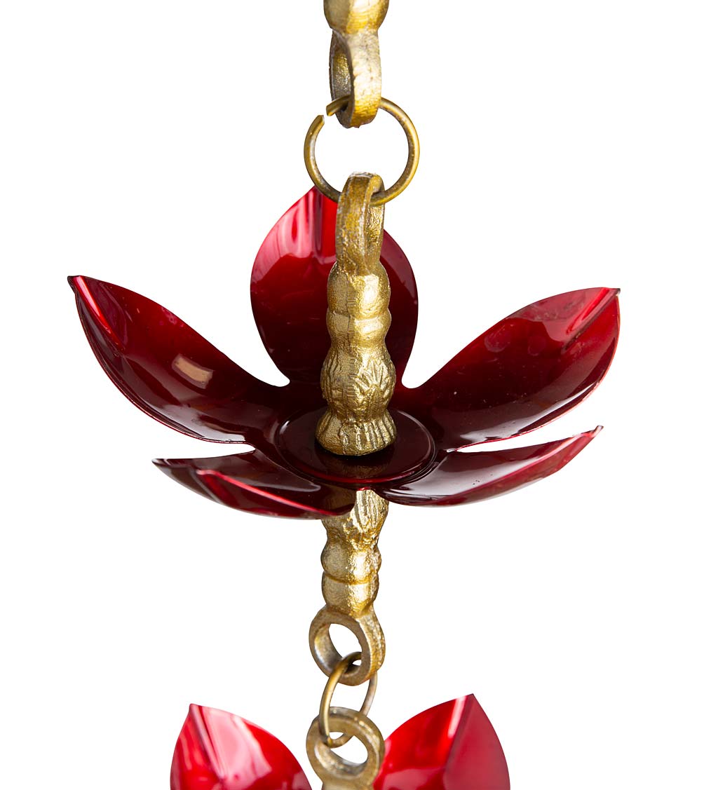 Handcrafted Steel and Aluminum Flower Rain Chain in Brass and Metallic Red Colors