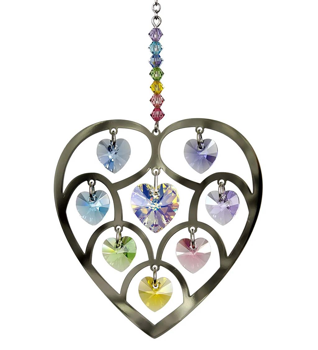 Silver-Plated Brass Heart Suncatcher with Pastel Crystals