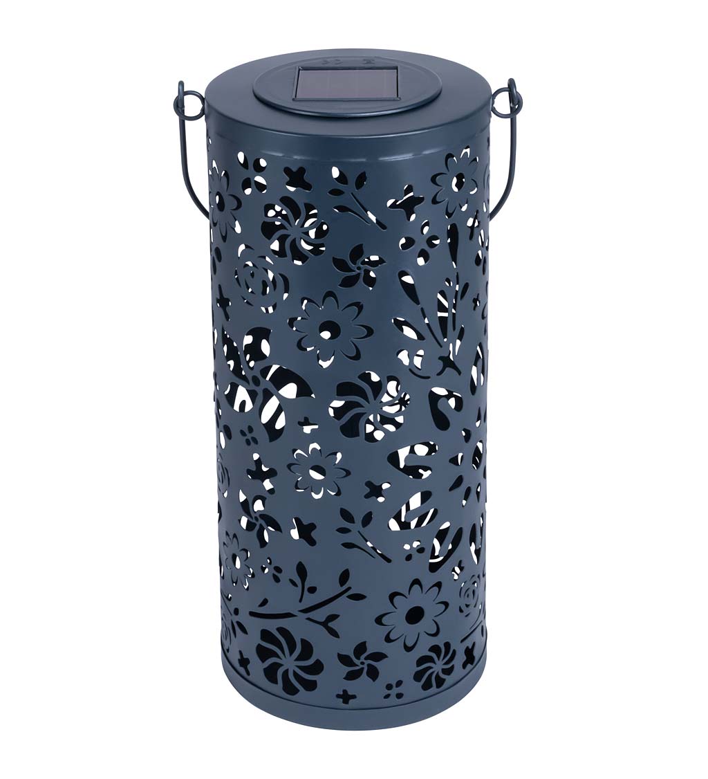 Punched Metal Bloom Solar Lantern with Handle—White swatch image