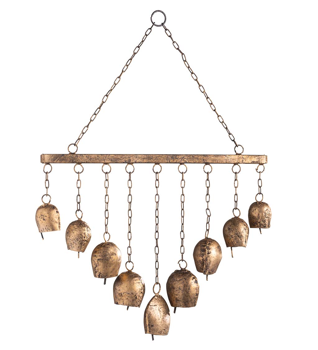 Handcrafted Nine Metal Bells Wind Chime with Antiqued Golden Finish