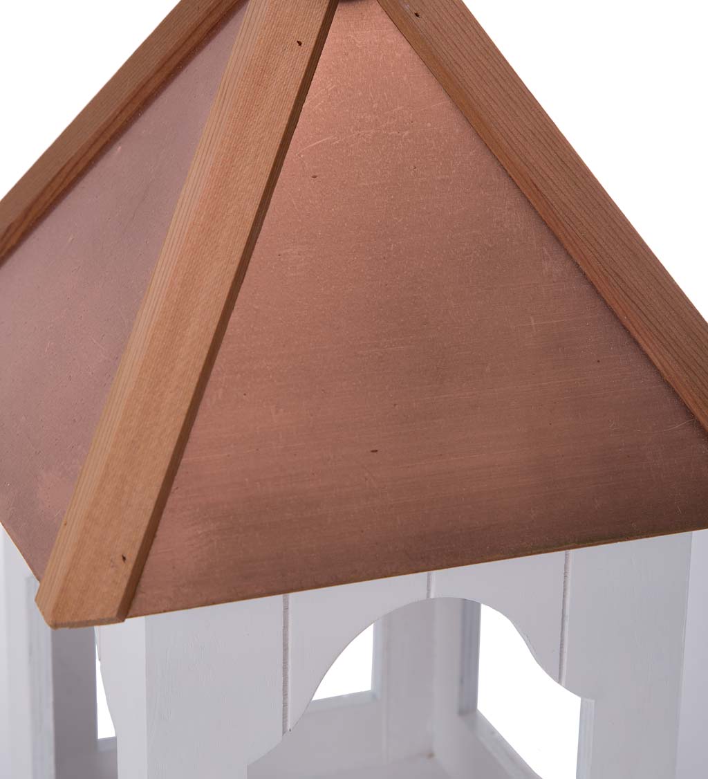 Madison White Wood Bird Feeder with Real Copper Roof with Cedar Edging