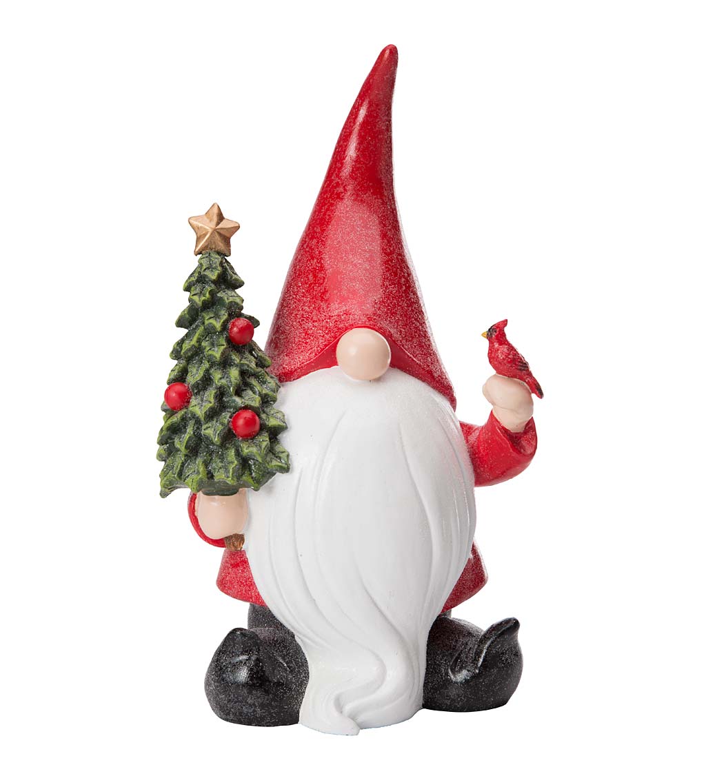 White-Bearded Gnome in Red Santa Suit with Christmas Tree and Cardinal