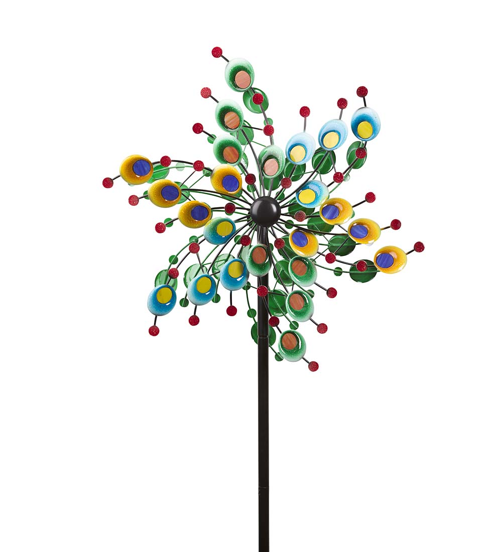 Multi-Colored Spiral Metal and Glass Dual-Rotor Wind Spinner