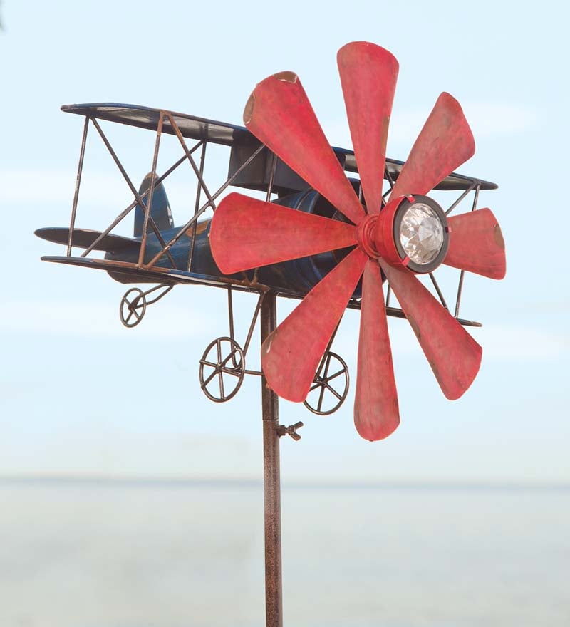 Biplane With Solar Light Metal Wind Spinner
