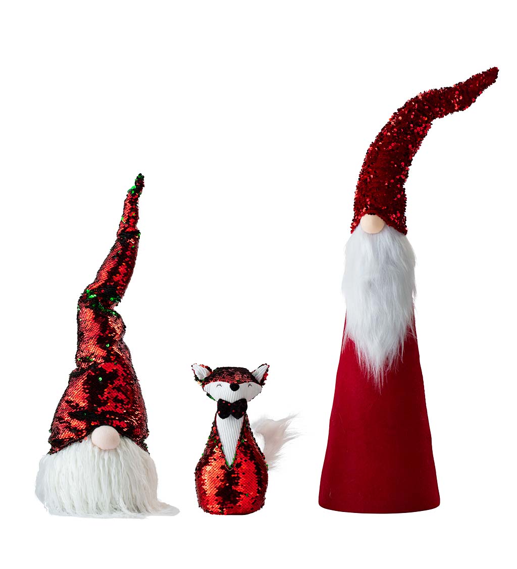 Sparkling Tuxedo Fox and Two Tall Gnomes with Sequins, Set of 3