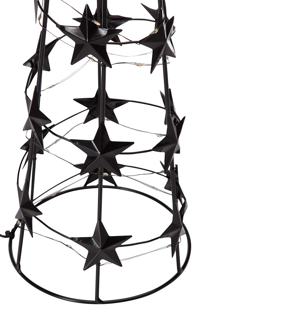 Cone-Shaped Black Metal Christmas Tree with Stars and 50 LED String Lights