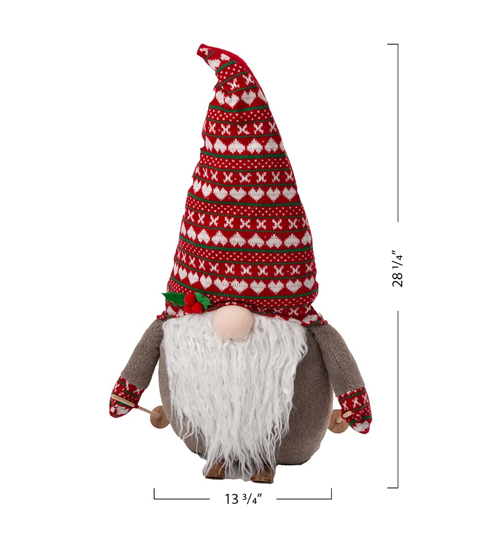 Christmas Gnome on Skis with Knitted Hat and Fuzzy Sweater with Light-Up Nose