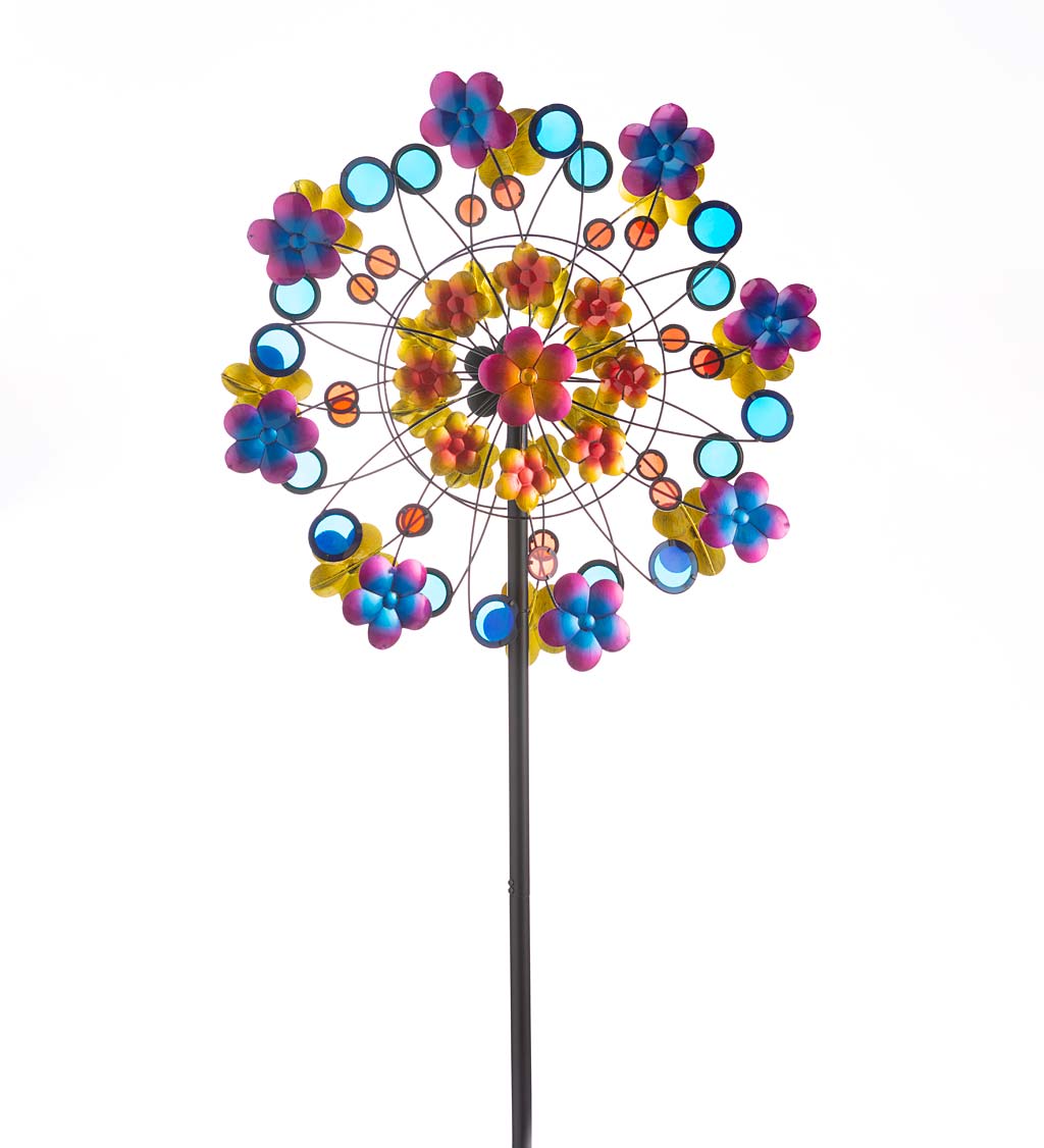 Colorful Blooms Metal Wind Spinner with Red and Blue Acrylic Discs