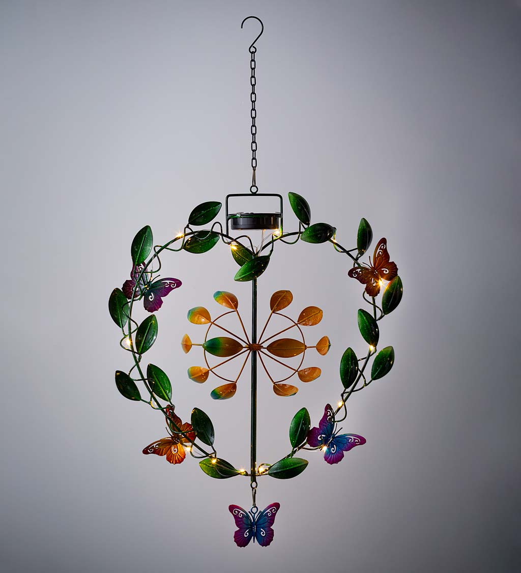 Hanging Heart-Shaped Wreath with Butterflies Solar Lighted Metal Wind Spinner