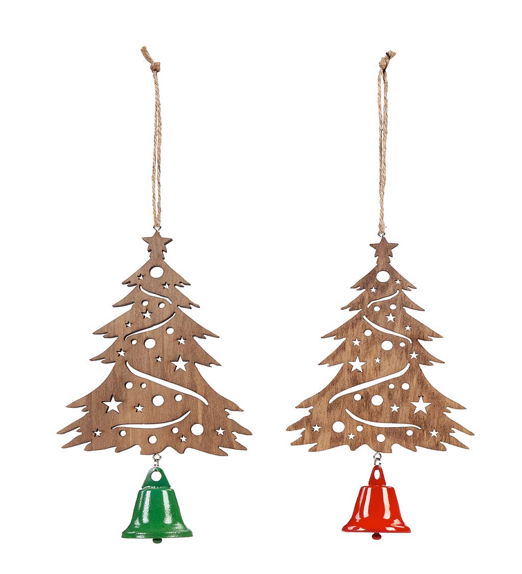Wooden Christmas Tree Ornaments with Jingle Bells, Set of 2