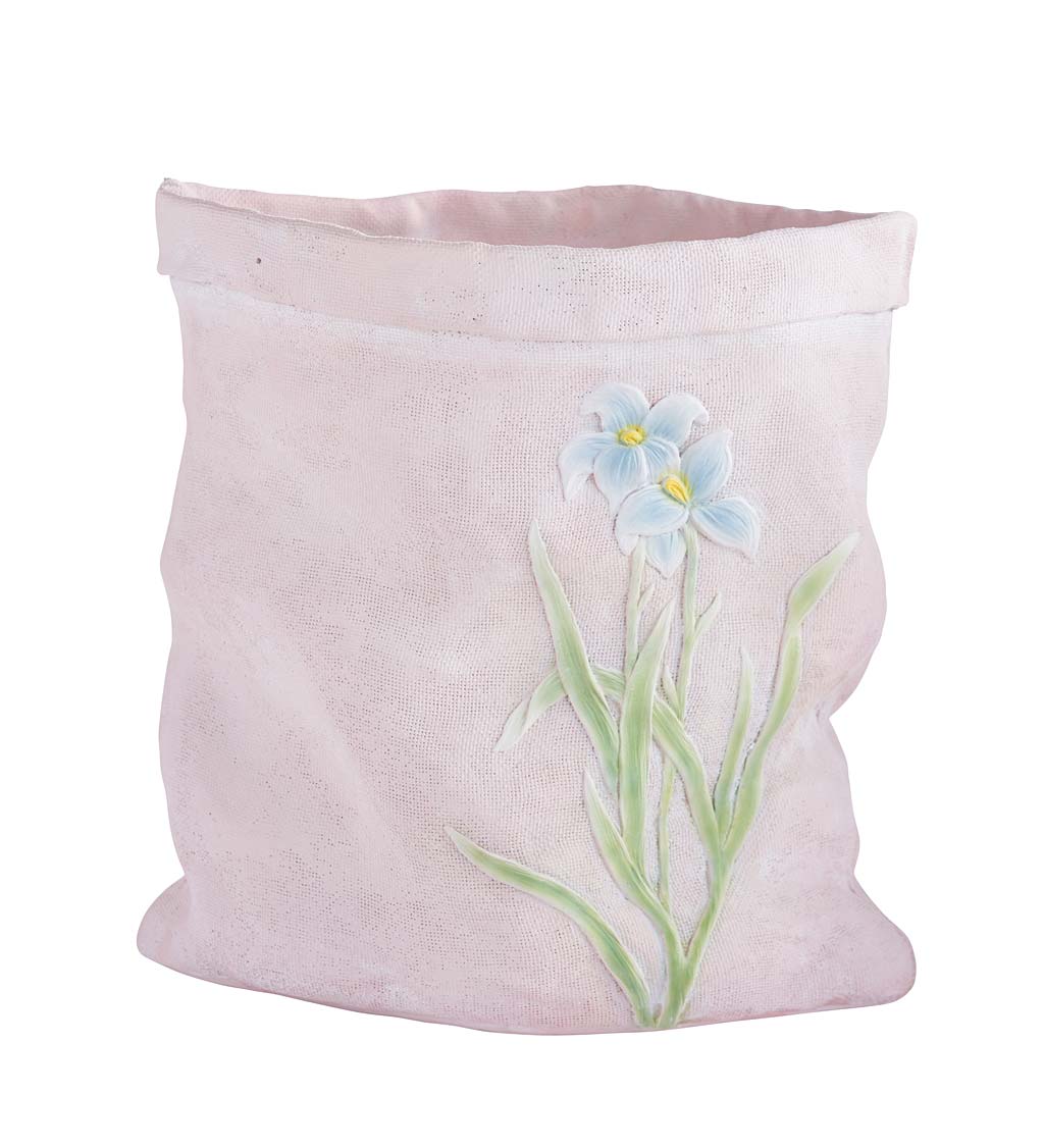Weather-Resistant Resin Rumpled Bag Planter with Iris Design