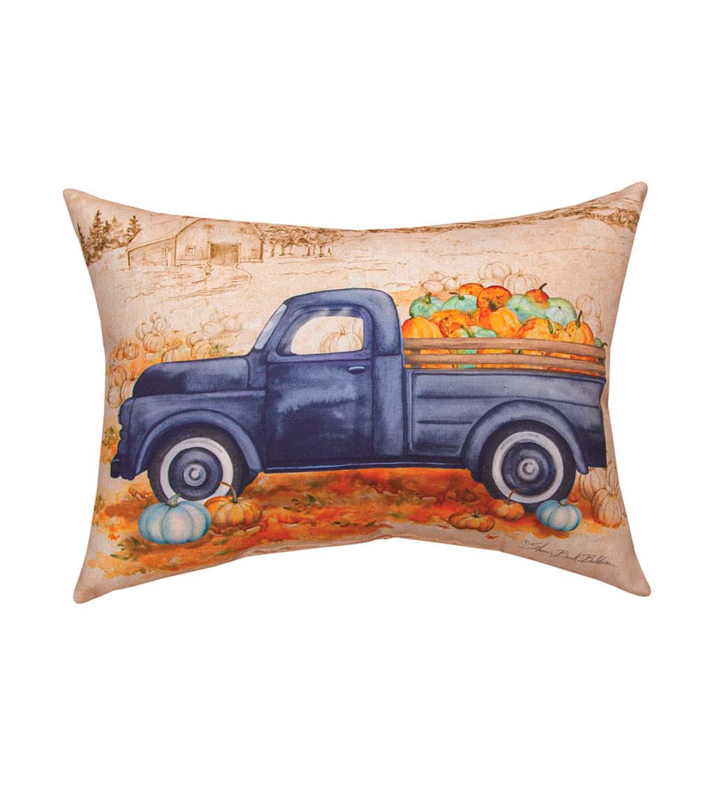 Blue Truck with Pumpkins Throw Pillow