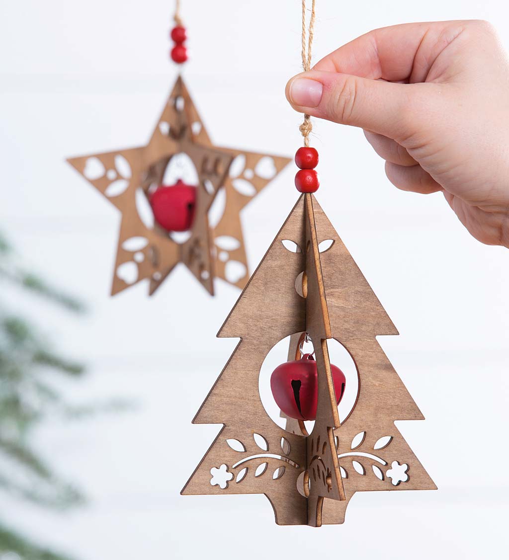 Christmas Tree and Star Wooden Ornaments with Jingle Bells, Set of 2