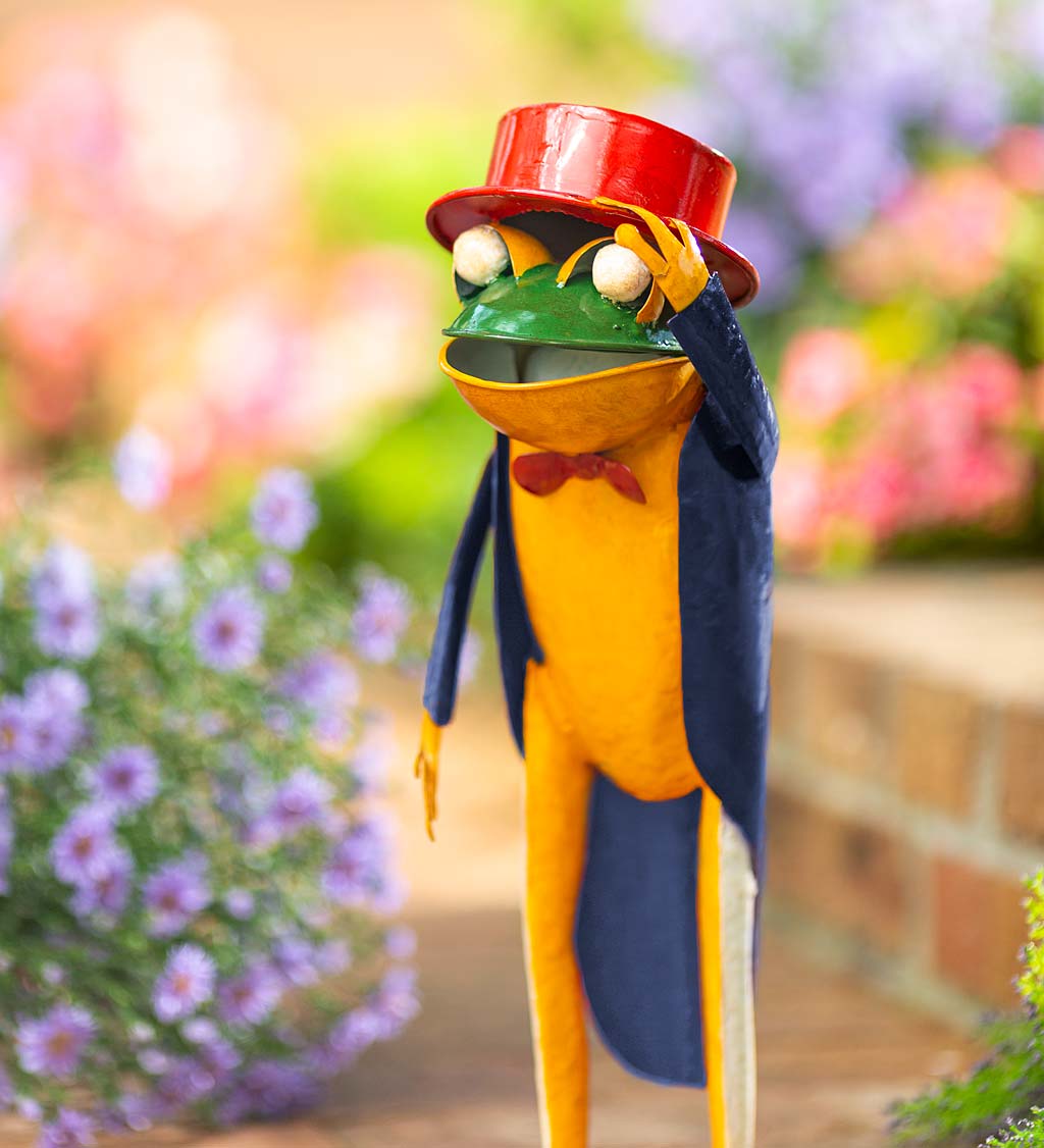 Handcrafted Metal Frog with Red Top Hat Indoor/Outdoor Sculpture