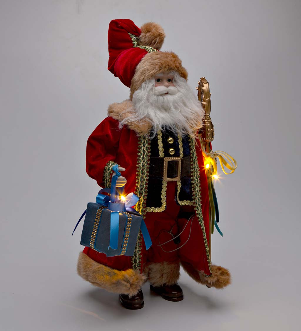 Old World Style Red Santa with Lighted Staff and Gift